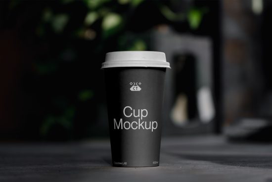 Professional coffee cup mockup on dark background, ideal for showcasing branding designs to clients in portfolio.